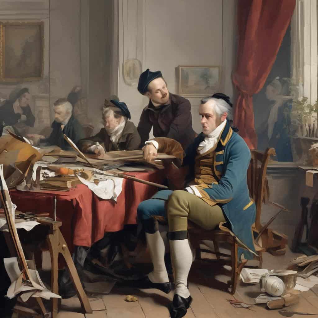 Αφίσα με κεντρική φιγούρα άνδρα σε ιστορική ενδυμασία, συζητώντας γύρω από τραπέζι, σε ελαιογραφία εποχής.